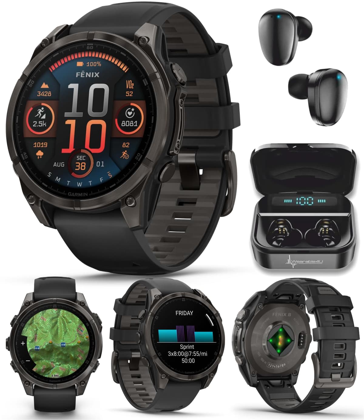 Wearable4U Garmin Fenix 8 47 mm AMOLED Sapphire Multisport GPS Smartwatch Carbon Gray DLC Titanium + Earbuds Negros TWS X7