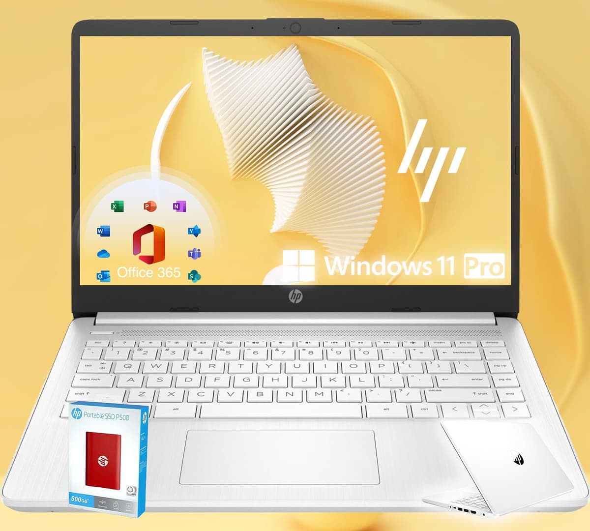 HP 14 Ultrabook • CPU Intel de 4 núcleos • Edición limitada Back to School con Microsoft 365 • 16 GB RAM • 1600 GB de almacenamiento (64 GB integrado con HP + SSD portátil P500 de 512 GB + 1 TB en OneDrive) • Windows 11 Pro • Blanco Nieve