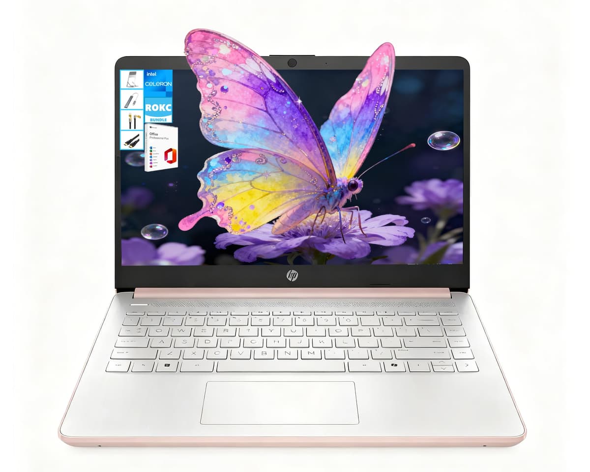 Laptop HP Windows 11 de 14 pulgadas Pantalla HD con Microsoft Office y 1 TB de almacenamiento en la nube (1 año) | 8 GB RAM | 64 GB eMMC | CPU Intel de 2 núcleos | Wi-Fi | Ultraligera | Compatible con Copilot | Cámara web | Rosa dorado | Paquete RK 14-dq3015dx