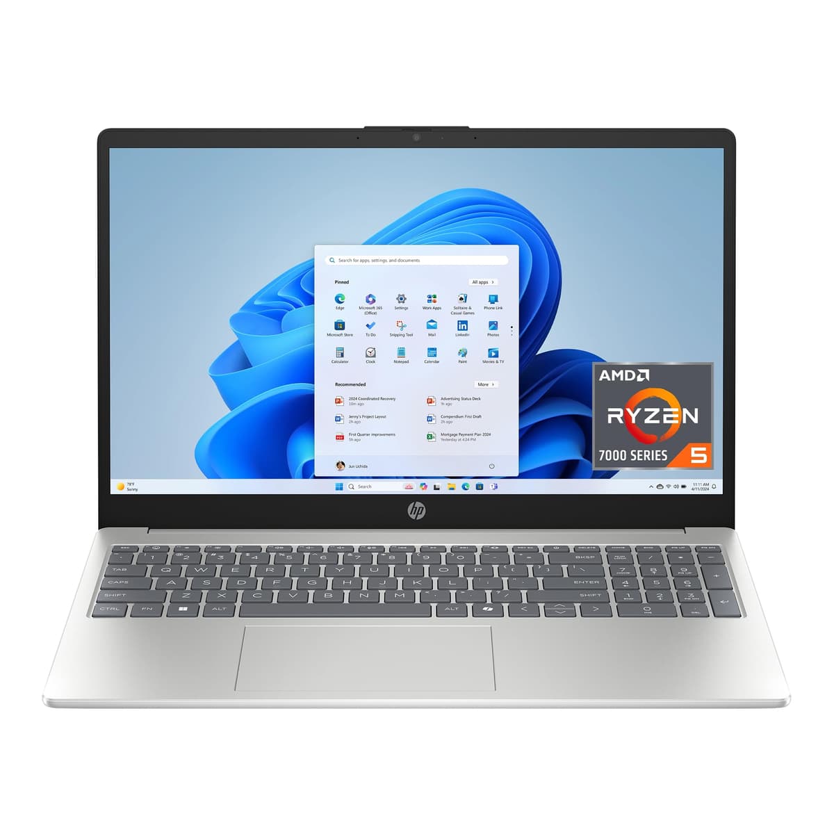 HP Laptop de 15.6 pulgadas, pantalla táctil HD, AMD Ryzen 5 7520U, 8 GB RAM, 512 GB SSD, gráficos AMD Radeon, Windows 11 Home, Natural Silver, 15-fc0499nr B8QE2UA#ABA