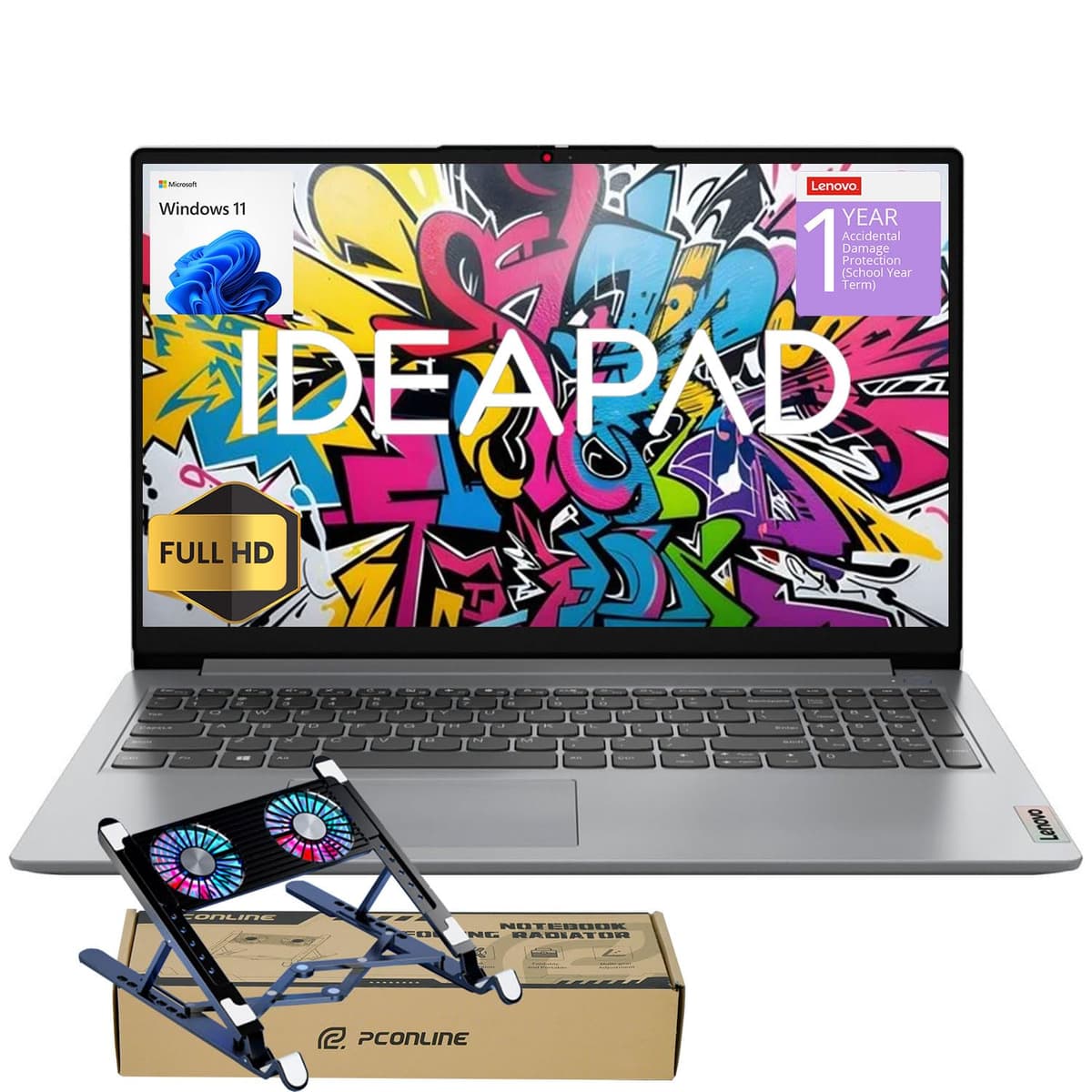Lenovo IdeaPad 2025 Laptop para Estudiantes, Pantalla FHD de 15.6", CPU Intel de 4 núcleos, 12GB RAM, 512GB SSD, Wi-Fi 6, Cámara Web, Windows 11,1 Año ADP + Office 365 con 1TB en la Nube, Uso Escolar y Doméstico, con Combo de Enfriador Ideapad 1