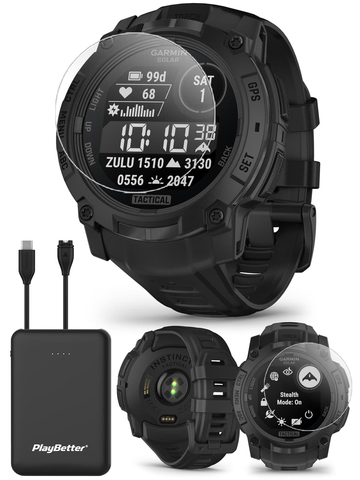PlayBetter Garmin Instinct 3 Solar Tactical 50 mm (Negro) Paquete de Reloj GPS Resistente para Exterior - Linterna Integrada, Cargador Portátil de Larga Duración y Protectores de Pantalla HD 010-02935-50 (Watch) | Z05 (Charger)