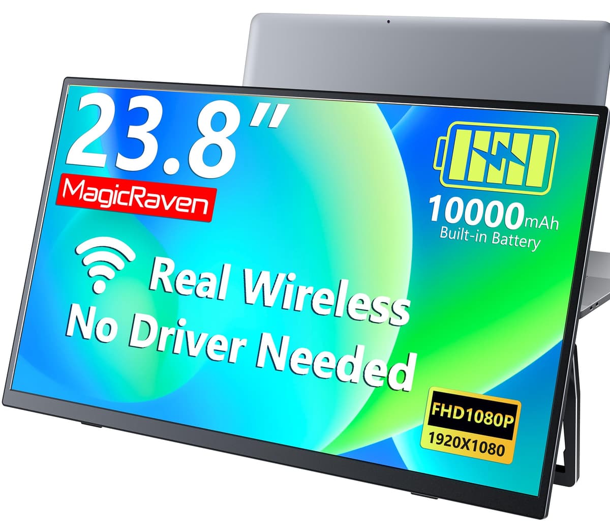 MAGICRAVEN Monitor inalámbrico con batería de 10000 mAh, pantalla secundaria 23.8" 1080P para trabajo en casa y oficina, AirPlay y Miracast, sin cables ni controladores, hasta 3 h de uso, compatible con laptop, PC y teléfono