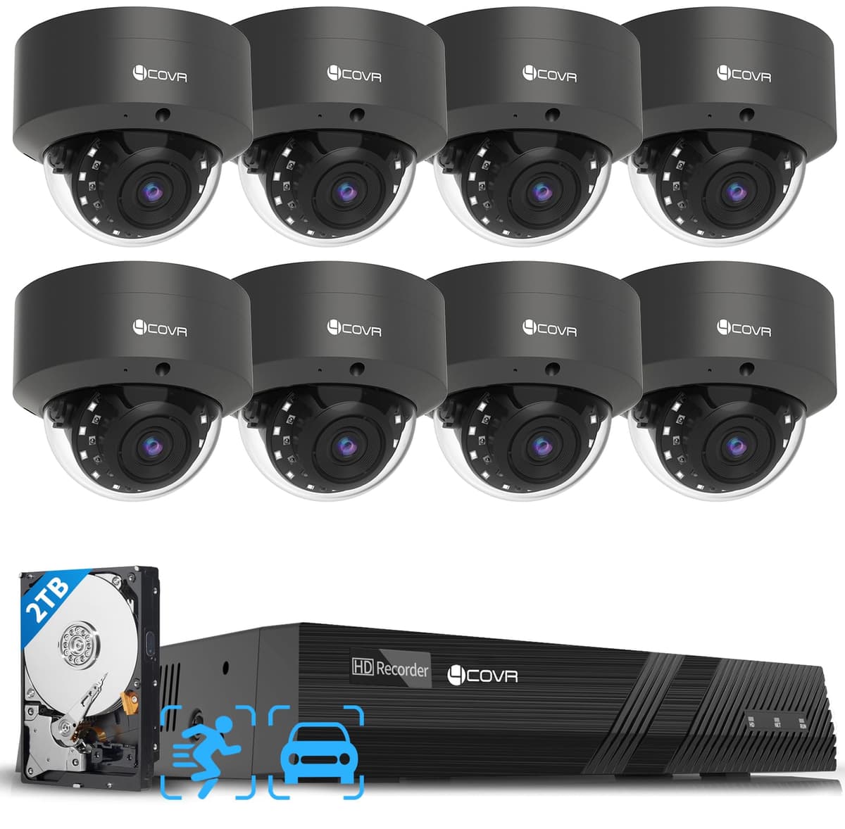 Forcovr Sistema de seguridad 4COVR 8 cámaras, 8× cámaras domo PoE 5MP IK10 a prueba de vandalismo IP67 con audio, NVR de 8 canales 2TB HDD, detección AI de personas y vehículos y visión nocturna IR, grabación 24/7, LY54AB5M0808