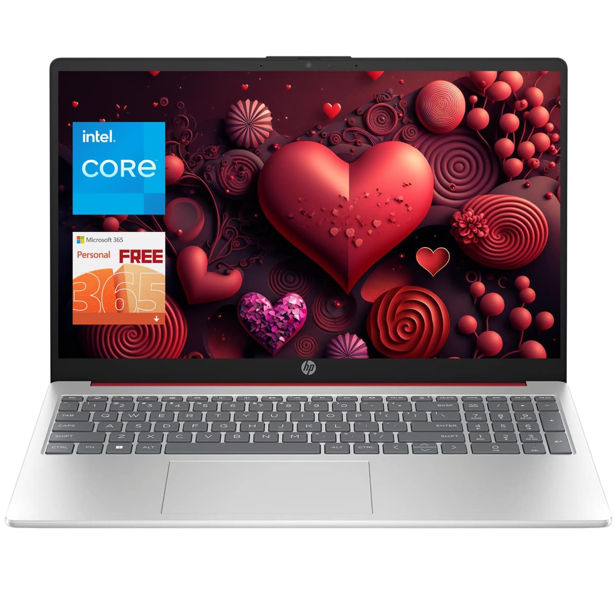 hp portátil 15.6" con 1 año de Microsoft 365, procesador Intel de cuatro núcleos, 16 GB RAM, 384 GB de almacenamiento (128 GB SSD + 256 GB JVQ USB), teclado numérico, HDMI, batería de larga duración, Windows 11 S, rojo escarlata Laptop