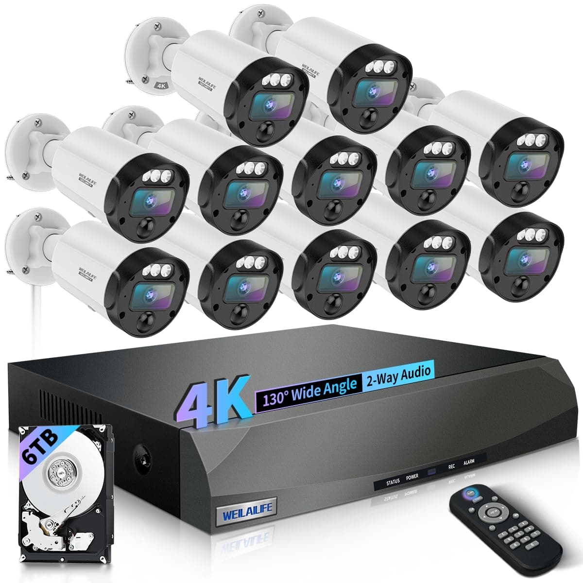 WEILAILIFE Sistema de Cámaras de Seguridad Cableado Exterior 4K con Lente Ultra Gran Angular 130° y Audio Bidireccional WE-12586