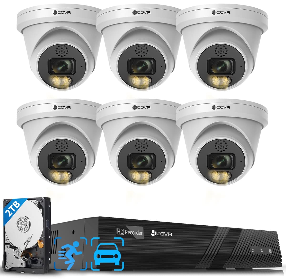 Forcovr Sistema de cámaras de seguridad 4COVR PoE 4K, audio bidireccional y visión nocturna a color inteligente, detección inteligente de personas/vehículos, NVR 8CH 8MP con HDD 2TB, 6 cámaras domo IP 8MP IP67, grabación 24/7, LY97KA8M0806