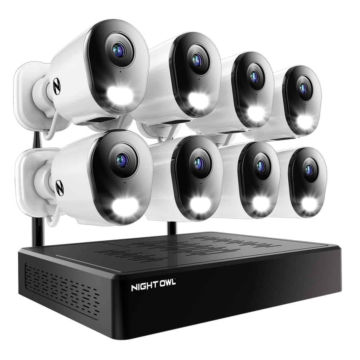 Sistema de seguridad para el hogar Night Owl de 10 canales con video Bluetooth con (8) cámaras spotlight 2K HD interiores/exteriores Wi-Fi con enchufe, audio bidireccional y disco duro de 1 TB (ampliable hasta 10 cámaras) BTWN81-F4-8L