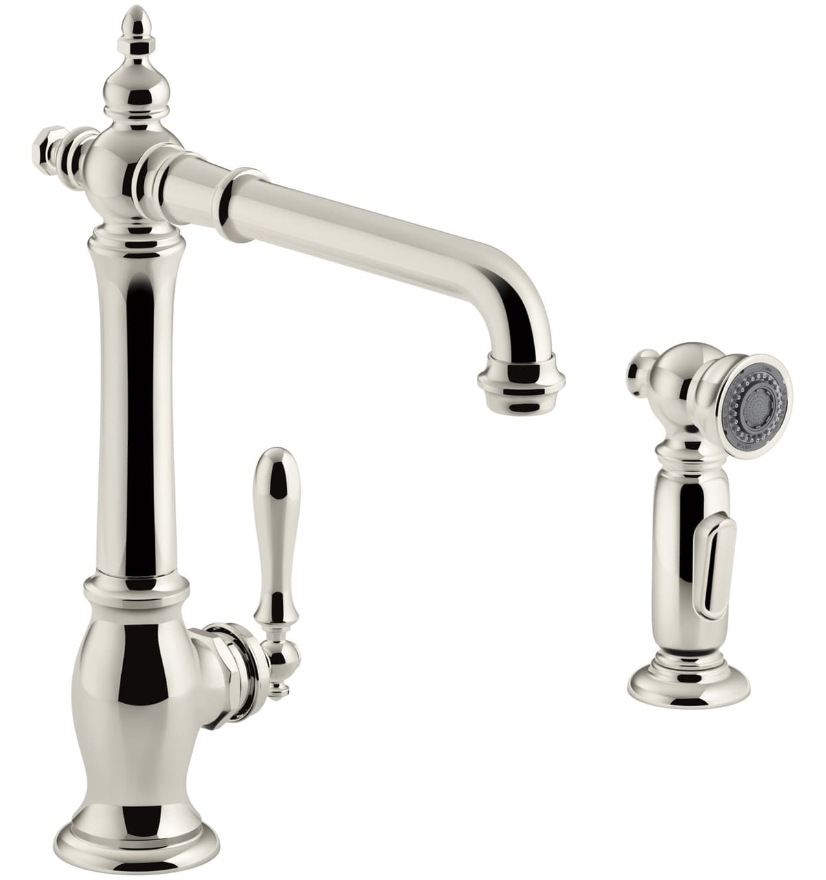 Kohler K-99265-SN Artifacts grifo de cocina monomando con caño abatible de 13-1/2", sidespray dos funciones y acabado Vibrant Polished Nickel