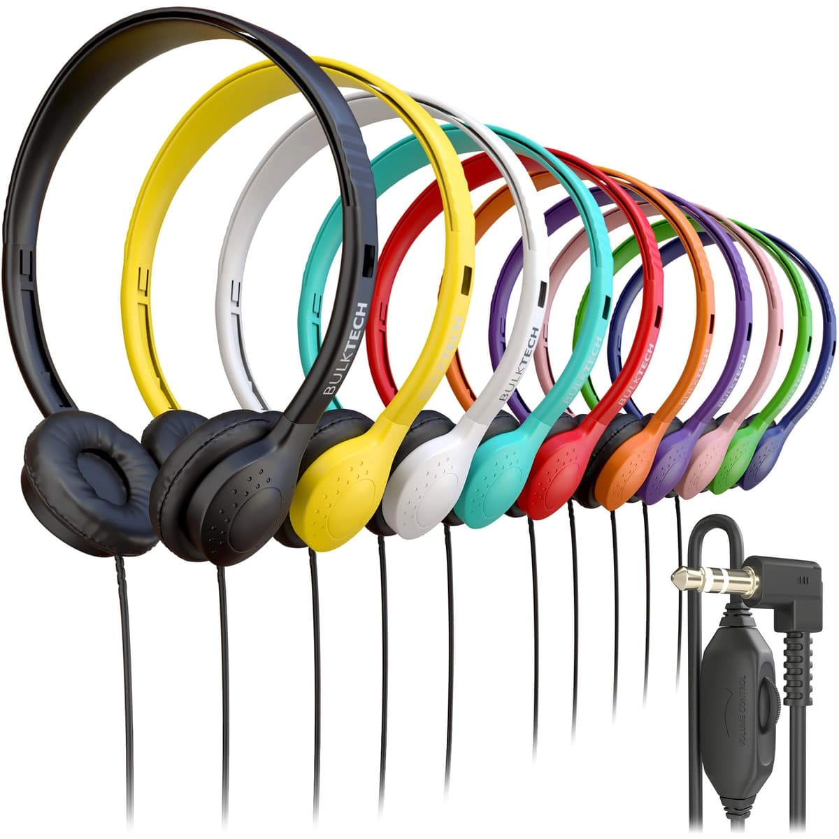 Bulktech 400 Pack Auriculares cableados supraaurales de cuero con conector de 3.5mm y control remoto para volumen, Multi M19B1G