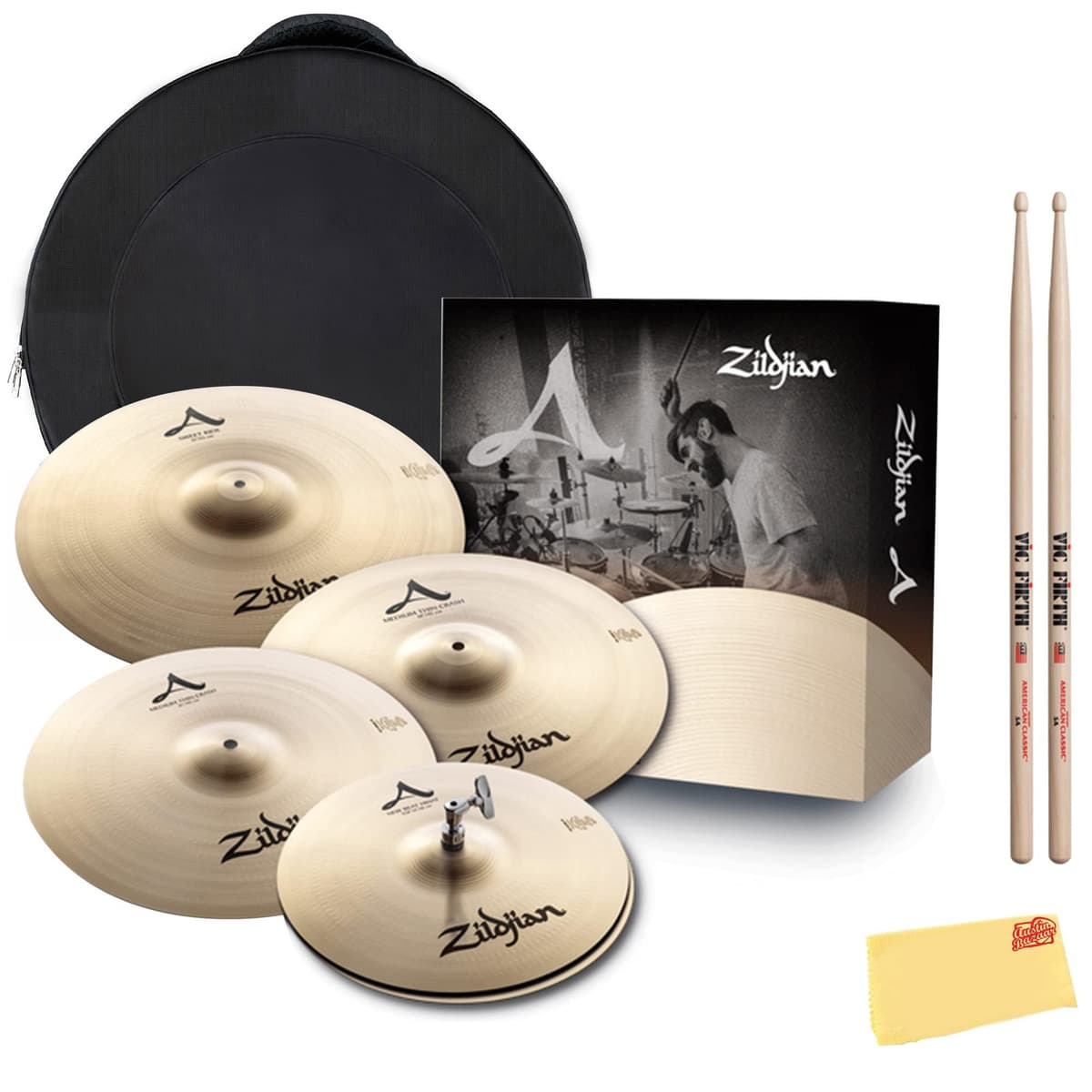 Zildjian A391 Paquete de platillos A Family Sweet Ride con funda para platillos, baquetas y paño de pulido Austin Bazaar AUS-A391-COMBO-DLX-V2