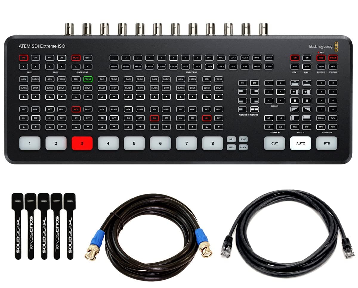 Solid Signal Blackmagic ATEM SDI Extreme ISO Switcher de transmisión en vivo con cable 6G-SDI 8' y accesorios (SWATEMMXEPCEXTISO)