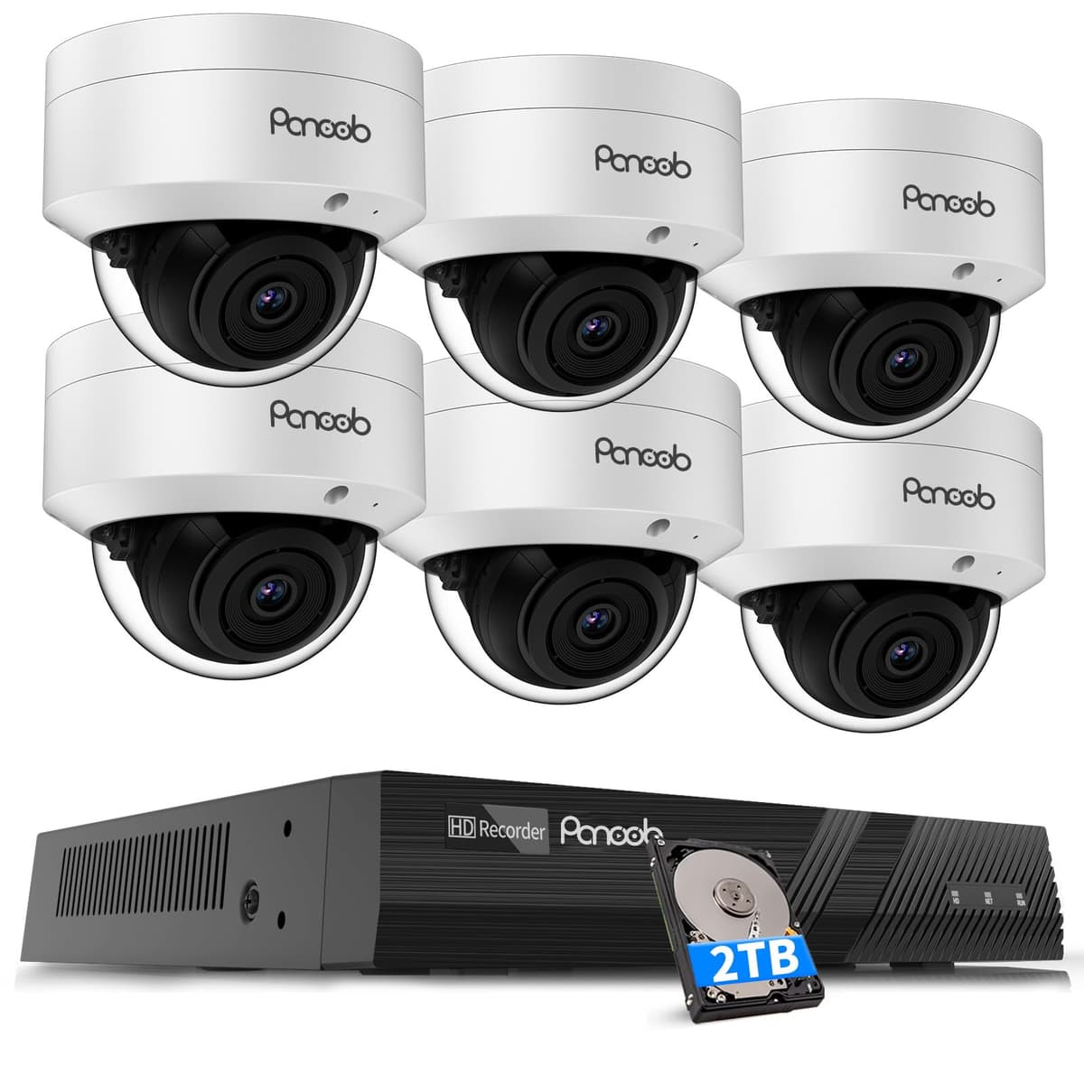 PANOOB Sistema de Cámaras de Seguridad PoE, 6 Cámaras Domo Cableadas 5MP IK10 Antivandálicas PoE para Exterior con Detección de Personas, Visión Nocturna IR 30 m, Acceso Remoto, NVR 4K 8 Canales 2TB HDD, PD54A0608-5M2