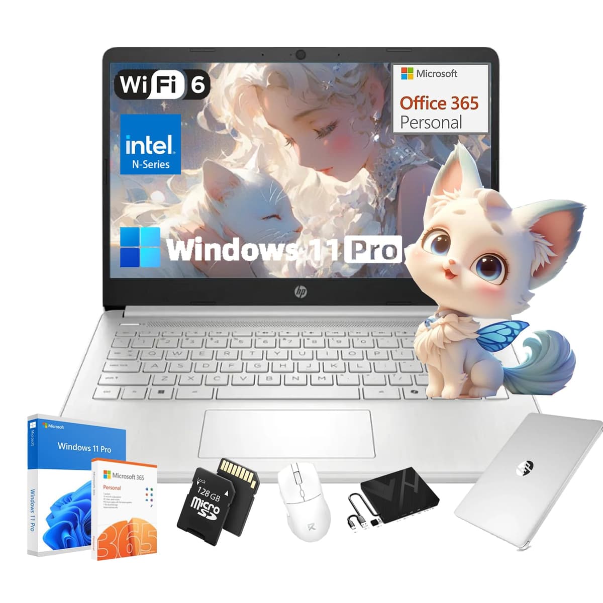 Portátil empresarial para estudiantes HP - Procesador Intel N150, pantalla HD de 14 pulgadas, con IA, liviano, Windows 11 Pro, cámara web, con accesorios, 16 GB RAM, 128 GB de almacenamiento (128 GB UFS + 128 GB MSD), plateado