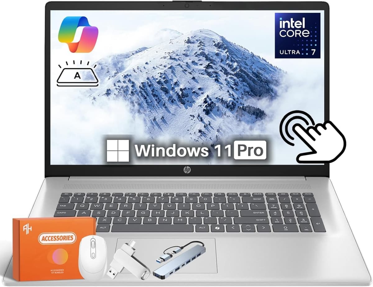 HP portátil táctil 17.3", Intel Ultra 7 12 núcleos 255U, Windows 11 Pro, Wi-Fi 6, Bluetooth 5.4, IA integrada Intel (12 Tops), cámara HD, teclado retroiluminado, 32GB DDR5, 1TB SSD, Copilot, accesorios 17-cn5075cl