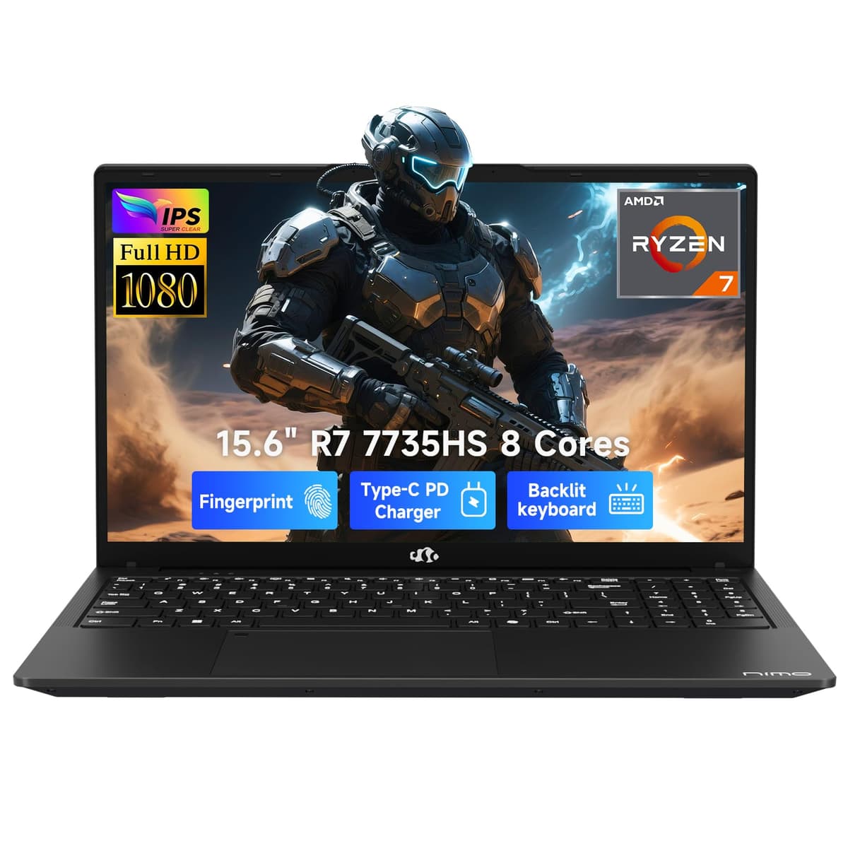NIMO Laptop para Gaming de 15.6", Computadora con AMD Ryzen 7 7735HS de 8 núcleos (Mejor que i7-12650H, hasta 4.75GHz), 16GB DDR5 1TB SSD, Gráficos Radeon 680M, Tipo-C 100W, Teclado Retroiluminado, Lector de Huellas ARN21S