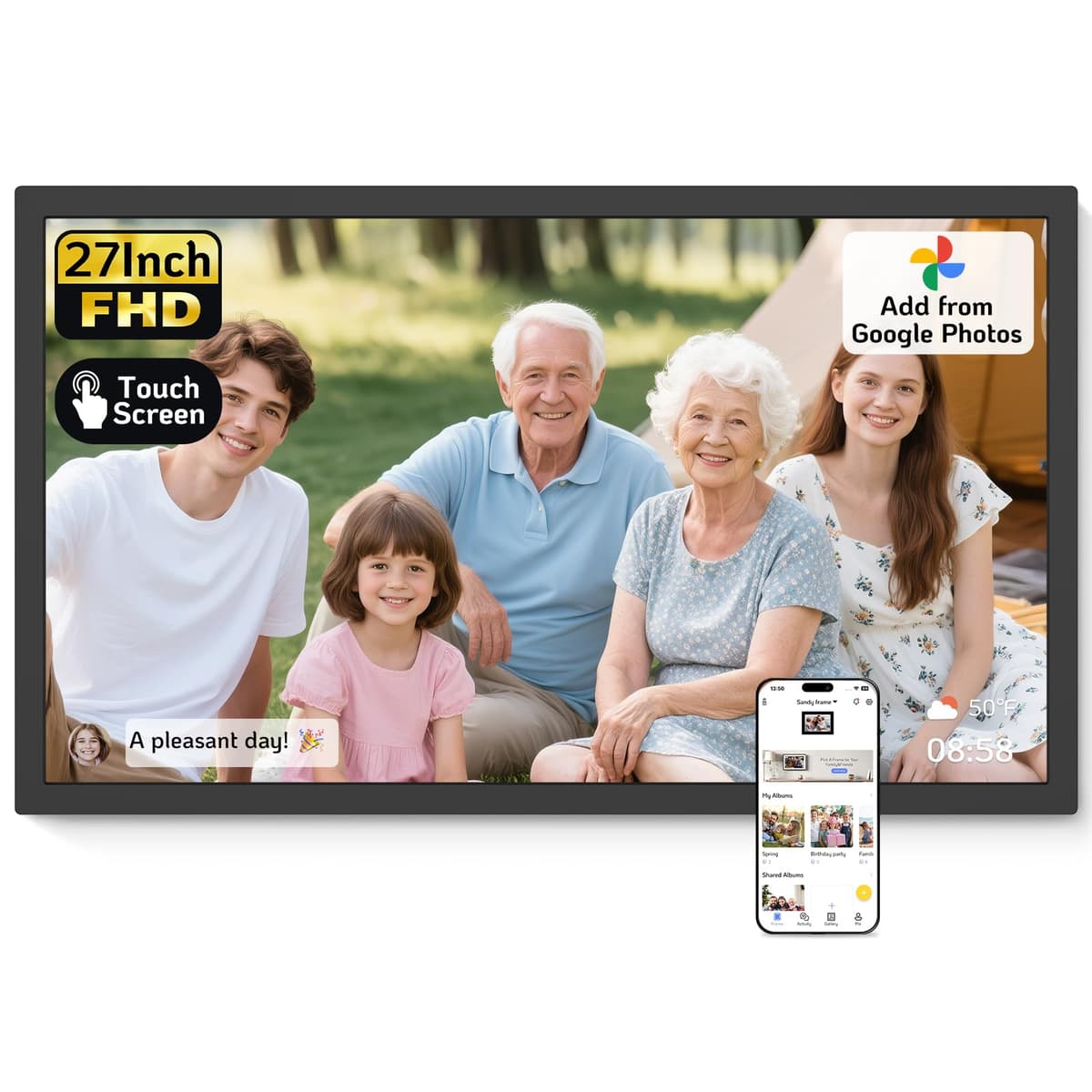 Marco digital táctil NexFoto de 27 pulgadas, pantalla FHD con Wi-Fi, 64GB, subir fotos desde Google Photos y videos, regalo para Navidad/mamá/abuelos, negro W270BN-T
