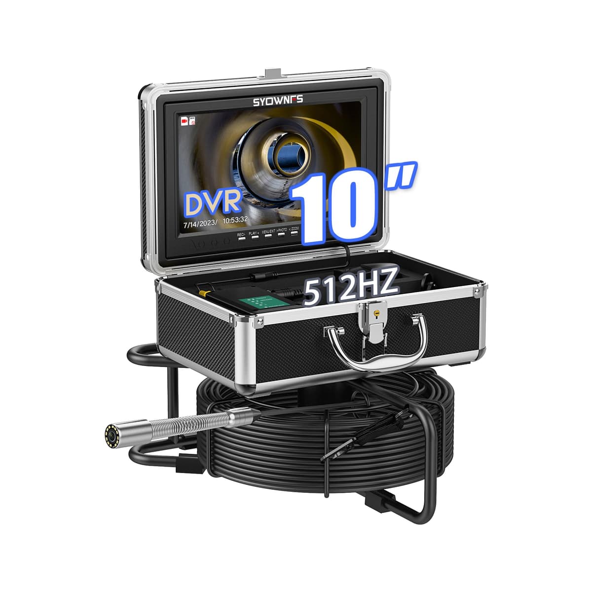 SYOWNFS Cámara de inspección para tuberías 30 m con transmisor 512Hz, monitor 10.1" HD, DVR y cable de 5 mm 30M-TF95810DBTX