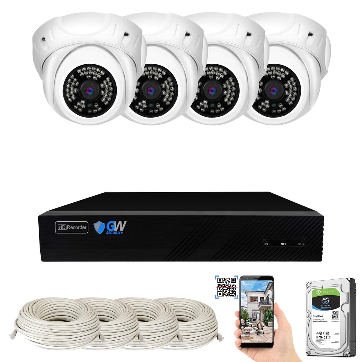 GW Security NVR 8 Canales 4K 5MP H.265 Sistema de Videovigilancia IP con 4 Cámaras Domo PoE Super HD 1920P Resistentes al Clima con Micrófono de Audio VD4C8CH5091IP