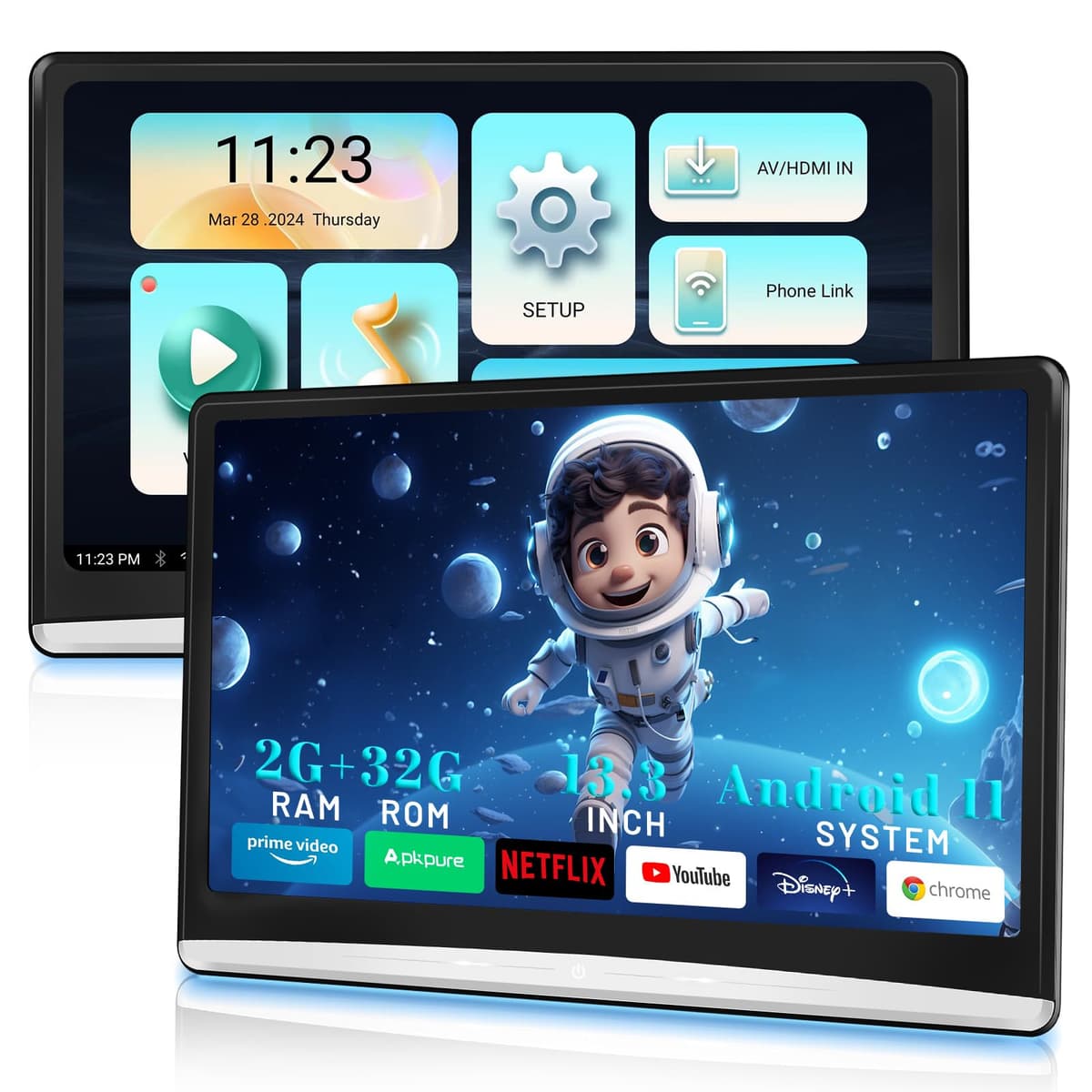 CHEGIF Pantalla Trasera de Reposacabezas para Auto 13.3 pulgadas 2G+32G Android 11 Reproductor de Video, TV para Asiento Trasero con Pantalla Táctil IPS 4K, Monitor de Reposacabezas con Conexión Inalámbrica para Teléfono Mirror Link, HDMI In/Out/Bluetooth/FM/USB