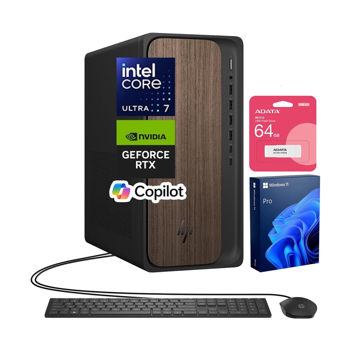 HP OmniDesk M03 PC de Escritorio Empresarial, Intel Core Ultra 7 265, RTX 5060, 16GB RAM DDR5, 1TB SSD, Soporte para 4 Monitores 4K, Teclado y Mouse con Cable, Wi-Fi 6, Windows 11 Pro, Negro, Paquete con Unidad Flash de 64GB TPC-F134-MT