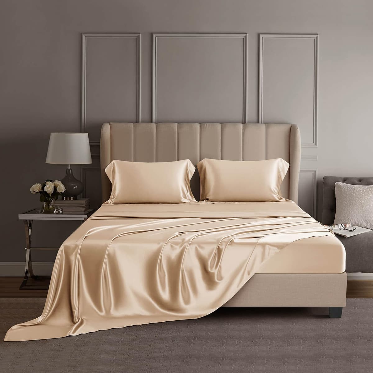 DISANGNI 22 Momme 100% Mulberry Silk - Juego de cama 4 piezas King (Champagne) CDTZ