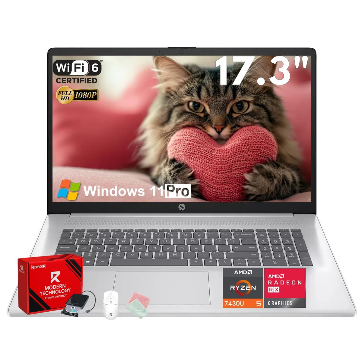 Computadora Portátil HP 17" para Negocios y Estudiantes - AMD Ryzen 5 7430U (hasta 4.3 GHz), 16 GB RAM, 512 GB SSD, Pantalla 17.3" FHD IPS Antirreflejo, Wi-Fi 6, BT 5.4, Windows 11 Pro, con Accesorios Redragon HP Laptop