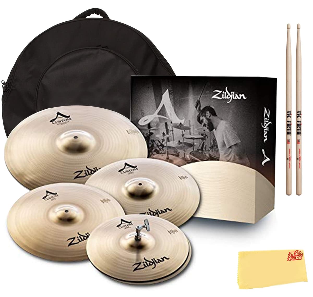Zildjian A20579-11 Paquete Familiar Personalizado de Platillos con Bolsa para Platillos, Baquetas y Paño de Pulido Austin Bazaar AUS-A20579-11-COMBO-DLX-V2