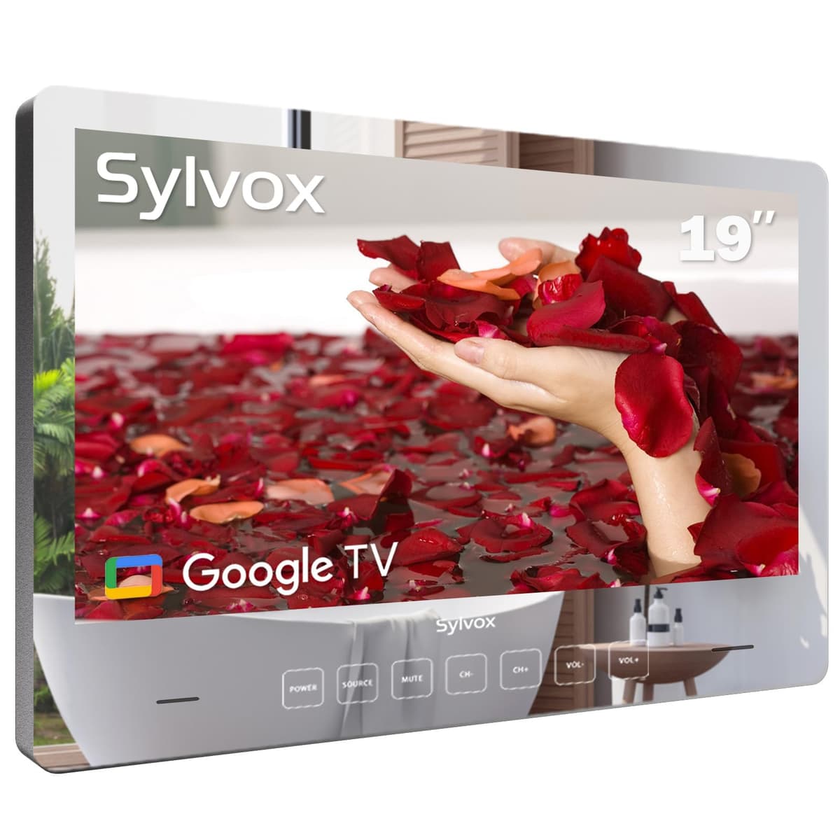 SYLVOX TV Inteligente Espejo Mágico para Baño 19'' Impermeable LED 1080P 500 NITS Alta Brillo Altavoces Frontales Dobles Montaje en Pared Adecuado para Baños, Hoteles y Saunas BT19A1KGGB