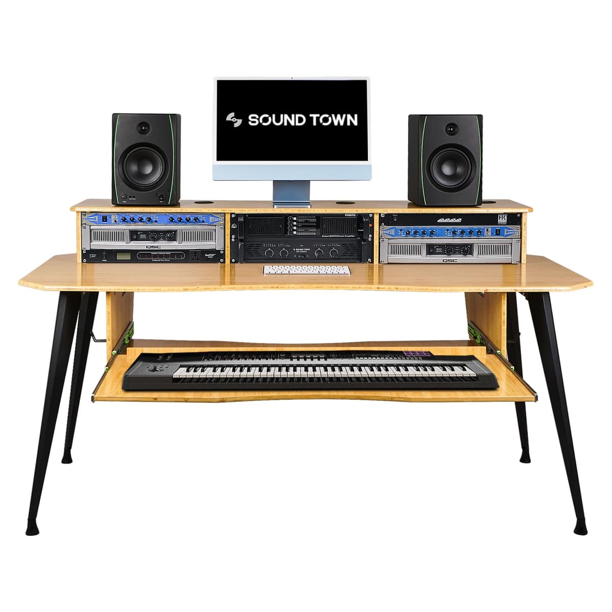 Sound Town SDRK-SDF2CB Escritorio de estudio musical en bambú carbonizado con 3x4U rack y bandeja para teclado