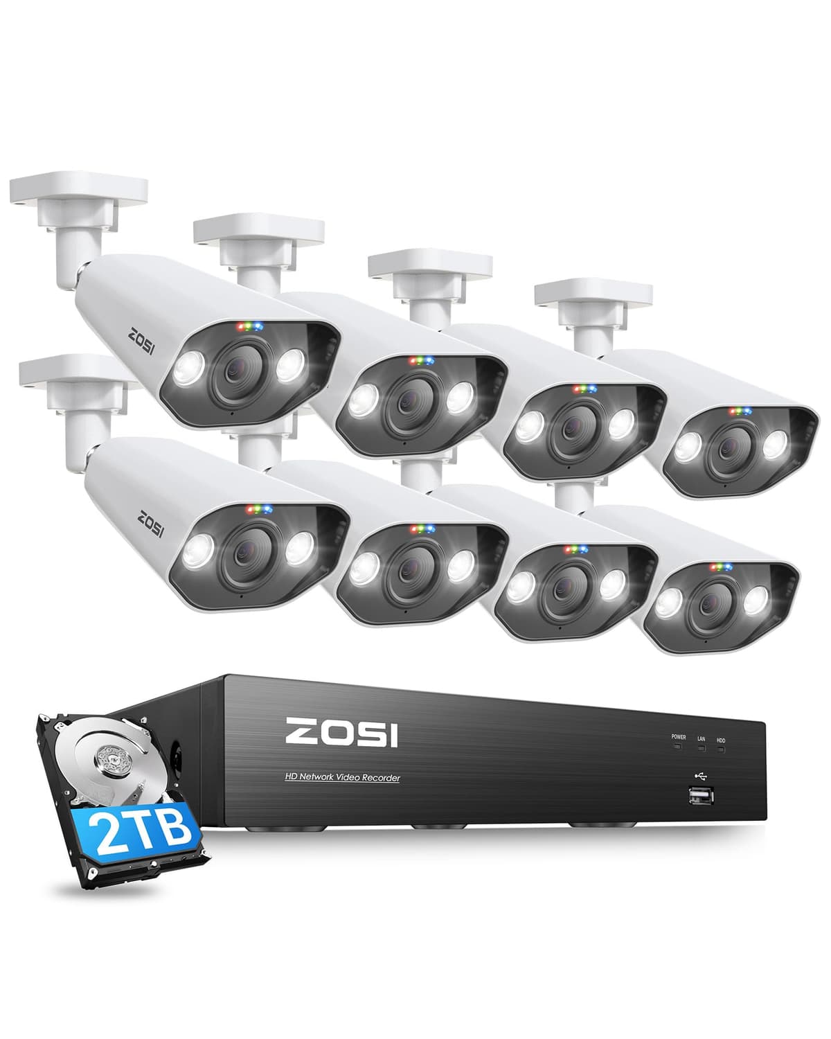 Sistema de cámaras de seguridad ZOSI 8CH 4K con reflector PoE, 8 cámaras IP 8MP/4K para interior/exterior, detección de personas/vehículos, audio bidireccional, visión nocturna, NVR de 8 canales 8MP con HDD de 2TB para grabación 24/7 en el hogar 88N2-1828W8-US-V1