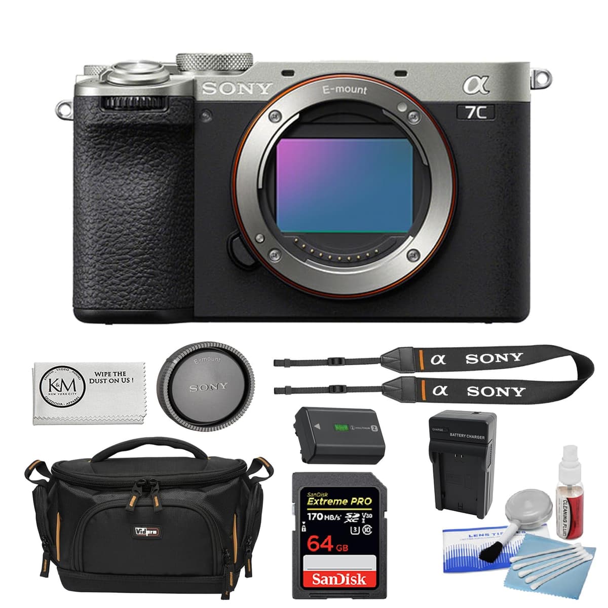 Sony a7C II Mirrorless (Plateado) - Bundle 6 piezas con 64GB, cargador, kit limpieza y estuche BSONILCE7CM2S-002