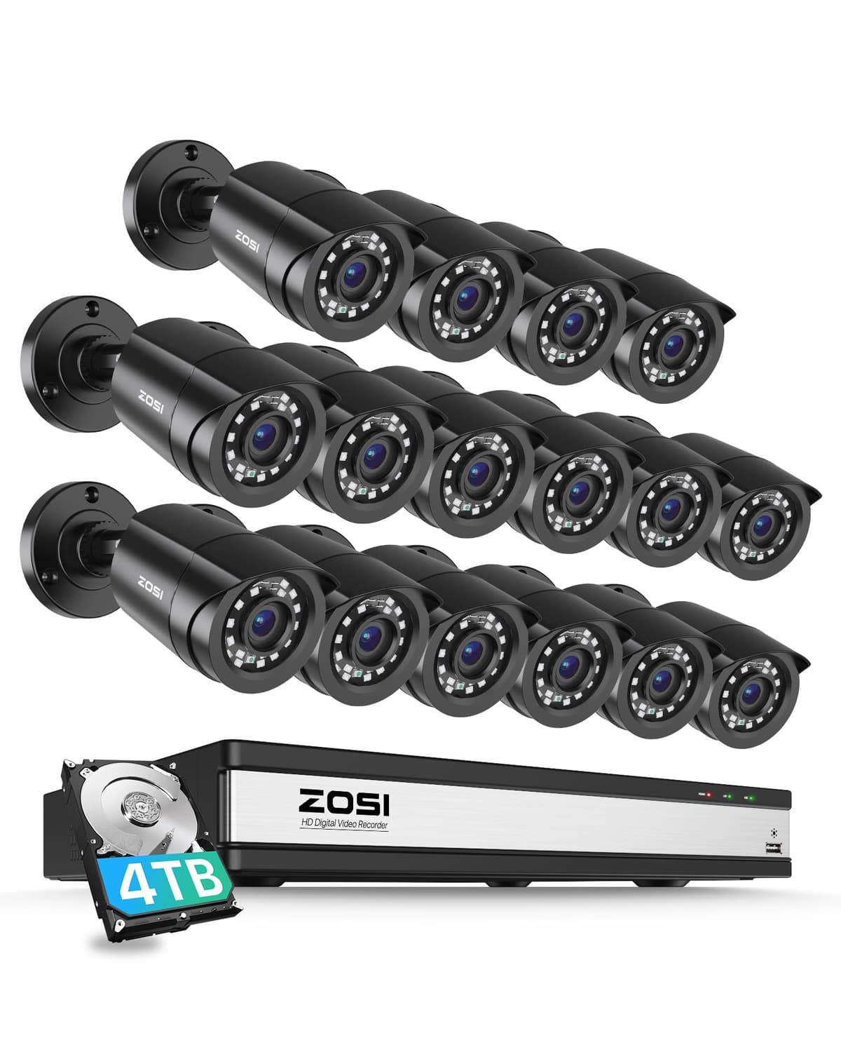 Sistema de cámaras de seguridad ZOSI de 16 canales con disco duro de 4TB, 16 cámaras cableadas 1080P para interiores y exteriores, detección AI de personas y vehículos, visión nocturna, DVR de 16 canales para grabación 24/7 en negocios, sin cuota mensual 6941709234041