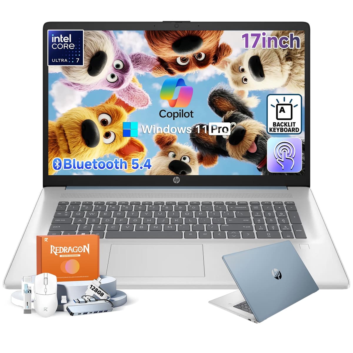 HP 17.3" Pantalla Táctil, Windows 11 Pro, Intel Ultra 7 de 12 núcleos 255U (hasta 5.2 GHz), Pantalla táctil antirreflejo HD+ de 17", 64 GB DDR5, SSD de 2 TB, Tecla Copilot, Teclado retroiluminado, Bluetooth 5.4, con accesorios 17-cn5085cl