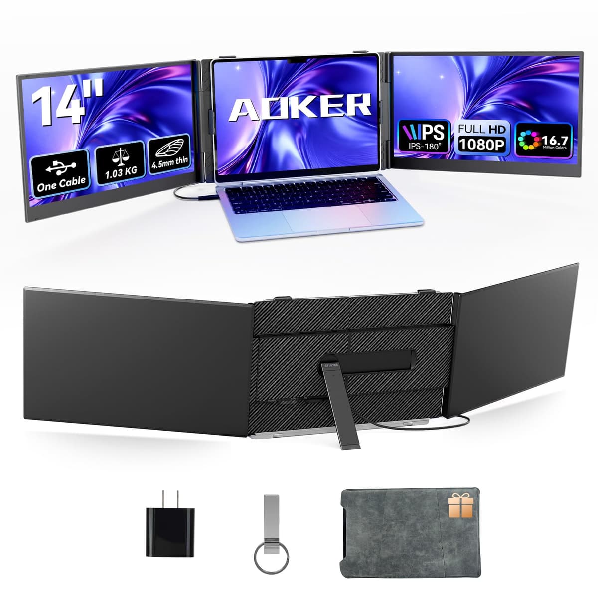 AOKER Extensor de Pantalla Triple con Un Solo Cable para Laptop - Monitor Ultra Delgado de 14" IPS FHD 1080P Ligero y Portátil para Laptops de 13"-17" Compatible con Windows Mac Chrome Viajes y Trabajo S8Ultra