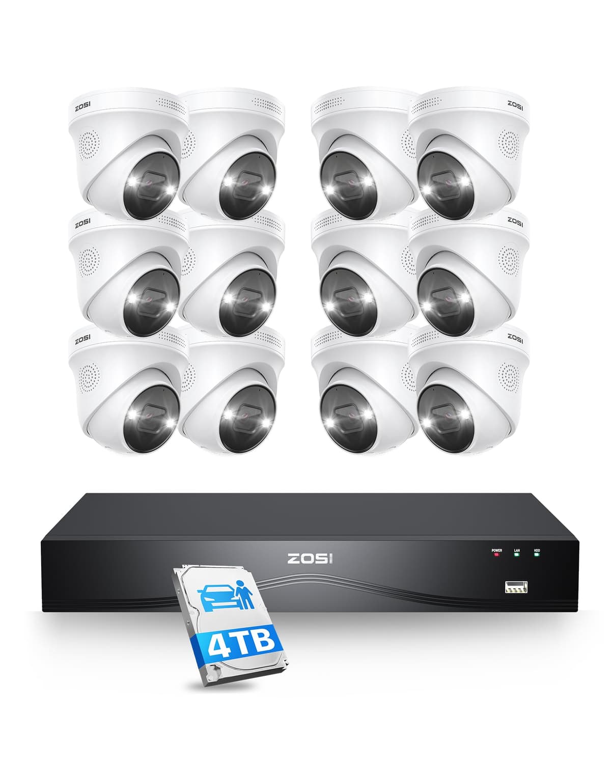 ZOSI Sistema de seguridad PoE 16CH 4K con 12 cámaras 8MP NVR 4TB, detección persona/vehículo 16HK-2258AW12-40-US