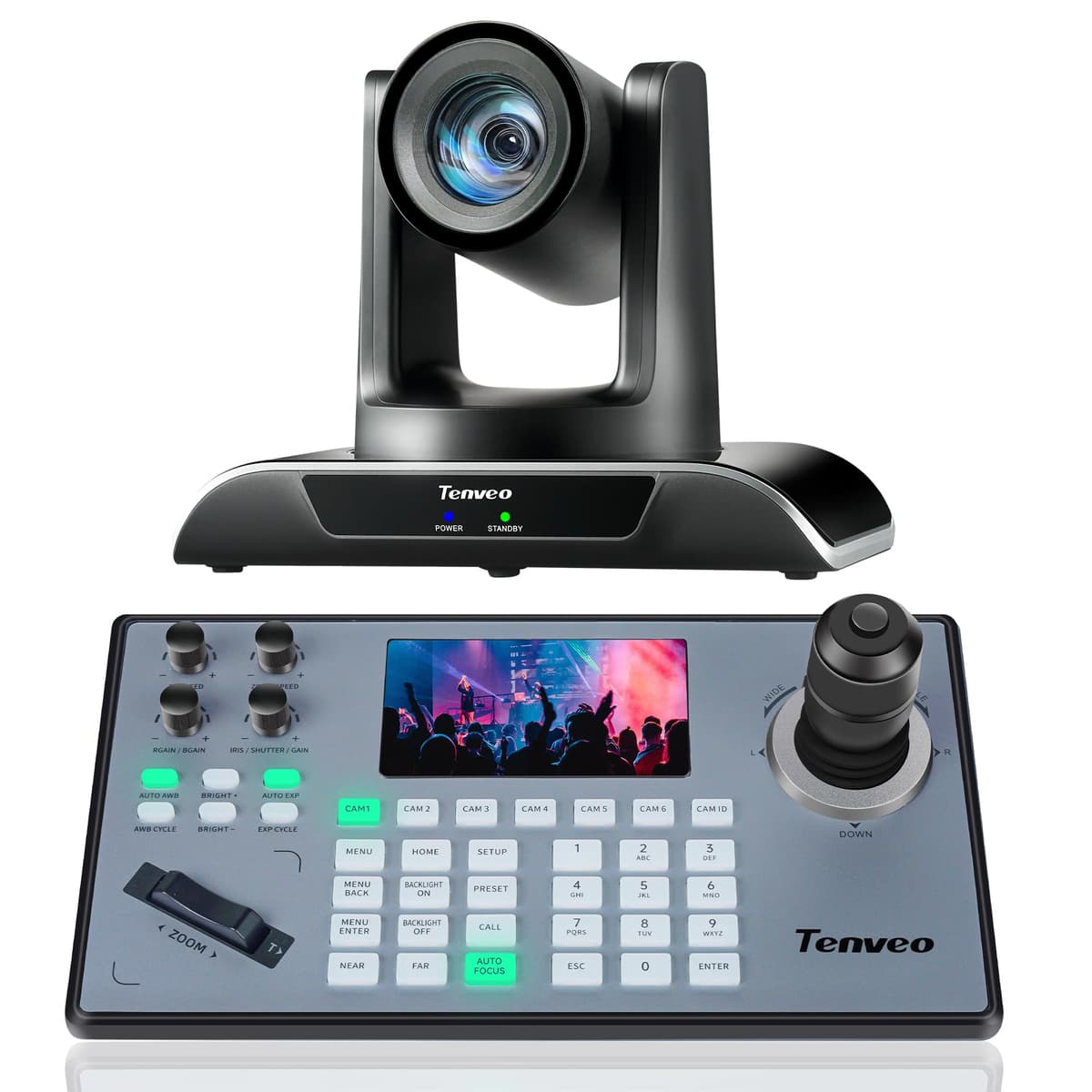 Cámara PTZ Tenveo y Controlador - Cámara PTZ 20X con IA de Seguimiento Automático de Humanoides y Rostros con HDMI/USB3.0/LAN(PoE) y Controlador PTZ NDI con Joystick y Teclado para Transmisión en Vivo de Servicios de Culto en Iglesia US-VHD20H+KB200PRO