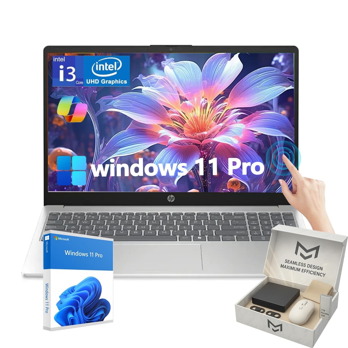 Laptop HP Flagship 15.6" con pantalla táctil - Anti-reflejo, Procesador Intel i3 1315U de 6 núcleos, Gráficos Intel UHD, Wi-Fi, Windows 11 Pro, AI Copilot, para negocios y estudiantes, con accesorios (32 GB RAM, 1 TB almacenamiento) HP Laptop