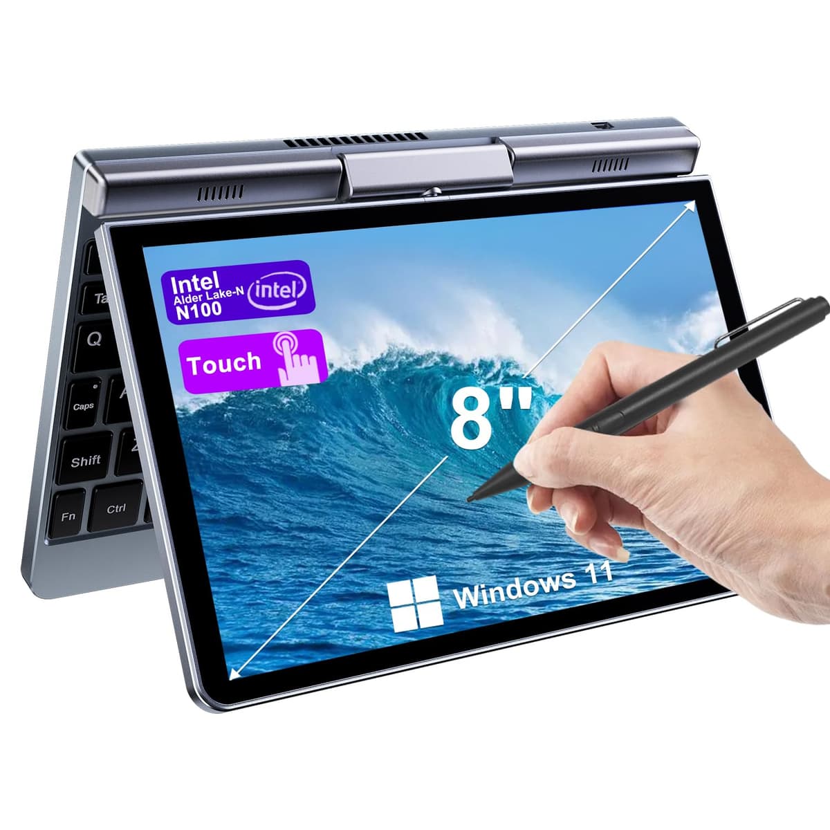Crelander Mini Laptop 2 en 1 | Pantalla táctil de 8 pulgadas | Computadora portátil pequeña de bolsillo | Procesador Intel 12ª Gen N100 | 12 GB DDR5 RAM 1 TB SSD | Carga PD 30 W | Wi-Fi 6 BT 5.2 | Teclado retroiluminado | Windows 11 P8