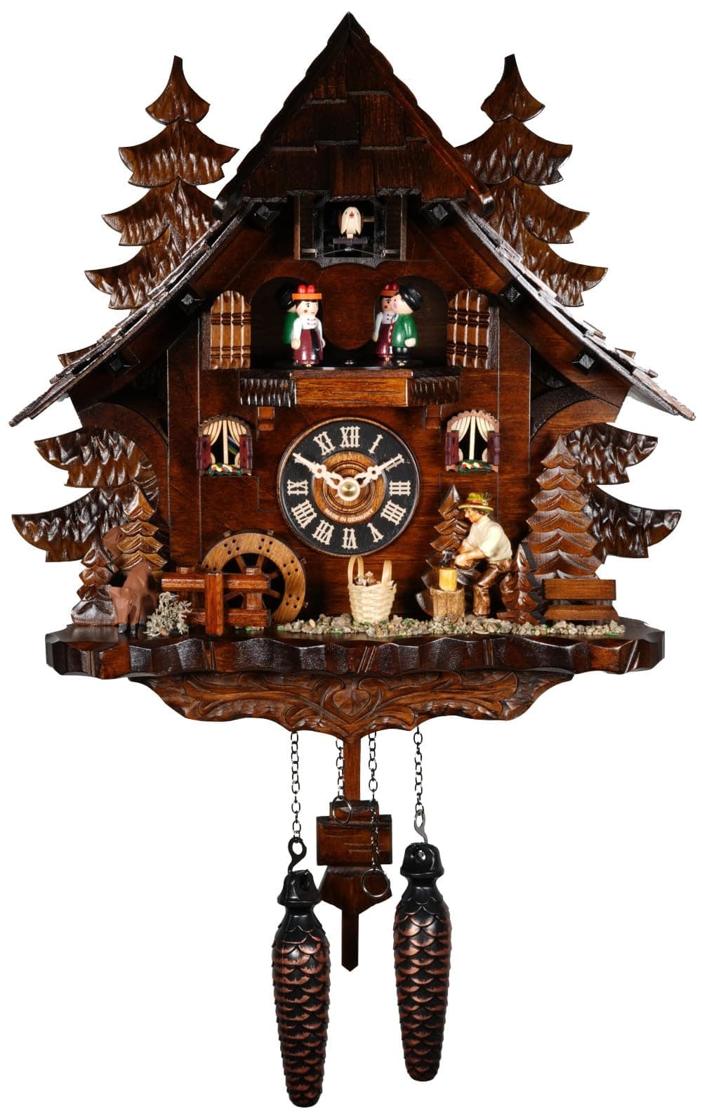 Engstler Reloj de cuco de cuarzo Casa del Bosque Negro con leñador en movimiento y rueda de molino, con música EN 473 QMT