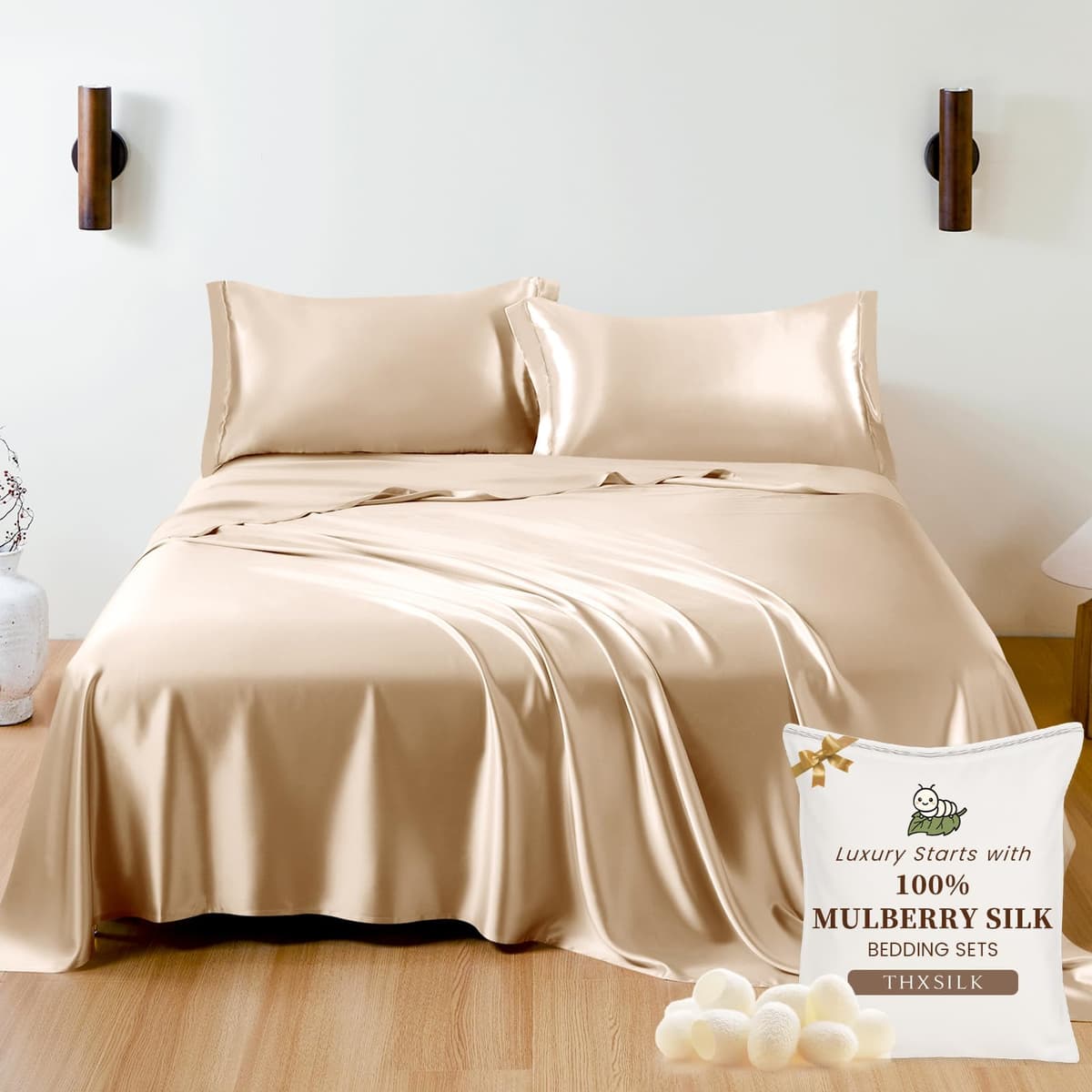 Juego de sábanas 100% seda morera THXSILK, King, Champagne W01W24407KP