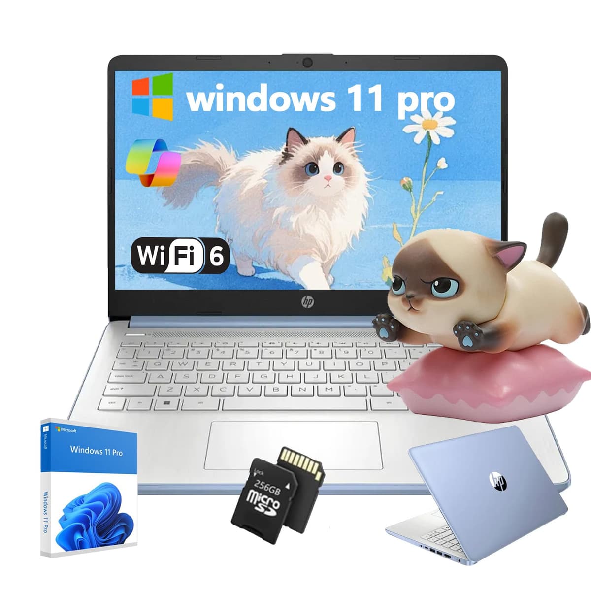 Laptop empresarial estudiantil HP - Procesador Intel N150, pantalla HD de 14", con IA, liviana, Windows 11 Pro, cámara web, con accesorios, 16 GB RAM, 384 GB almacenamiento (128 GB UFS + 256 GB SSD), azul