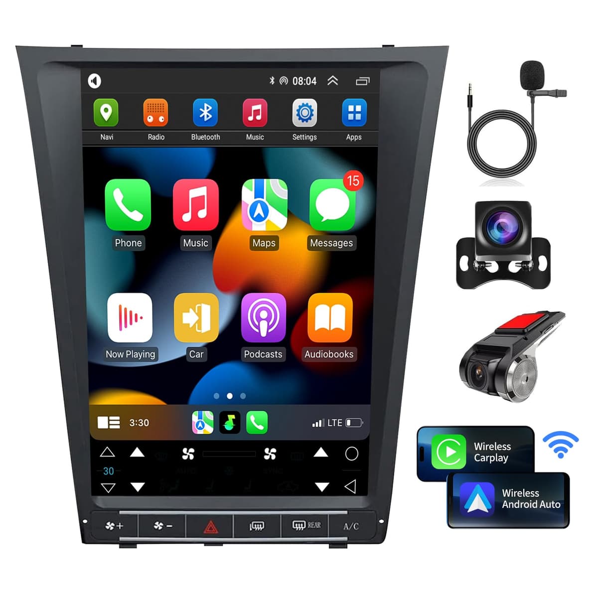 KiriNavi Radio auto 12.8" vertical para Lexus GS (2004-2011) con Android, CarPlay/Android Auto y cámara trasera