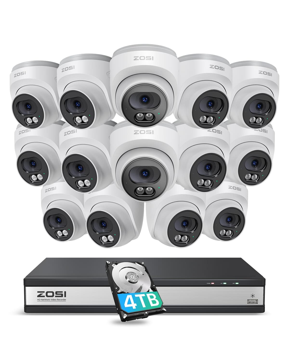 ZOSI C220 Sistema de Cámaras de Seguridad para Hogar PoE 16CH 4K, NVR 16CH 8MP 4K con HDD 4TB para Grabación 24/7, 14 Cámaras Dome IP 4MP (1440p) QHD 2.5K Interior/Exterior, Detección Inteligente de Personas, Audio Bidireccional 168K4-2204W14-US