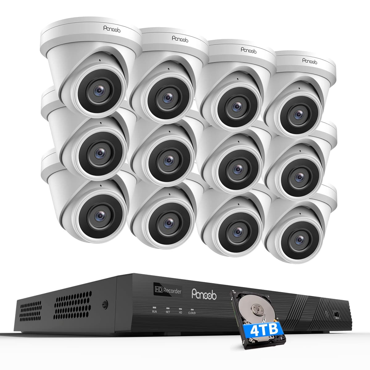 PANOOB Sistema de Cámaras 16 Canal 4K PoE, 12x Cámaras IP 8MP Turret, Detección Humano/vehículo, NVR 16CH 4TB PD93A1216-8M