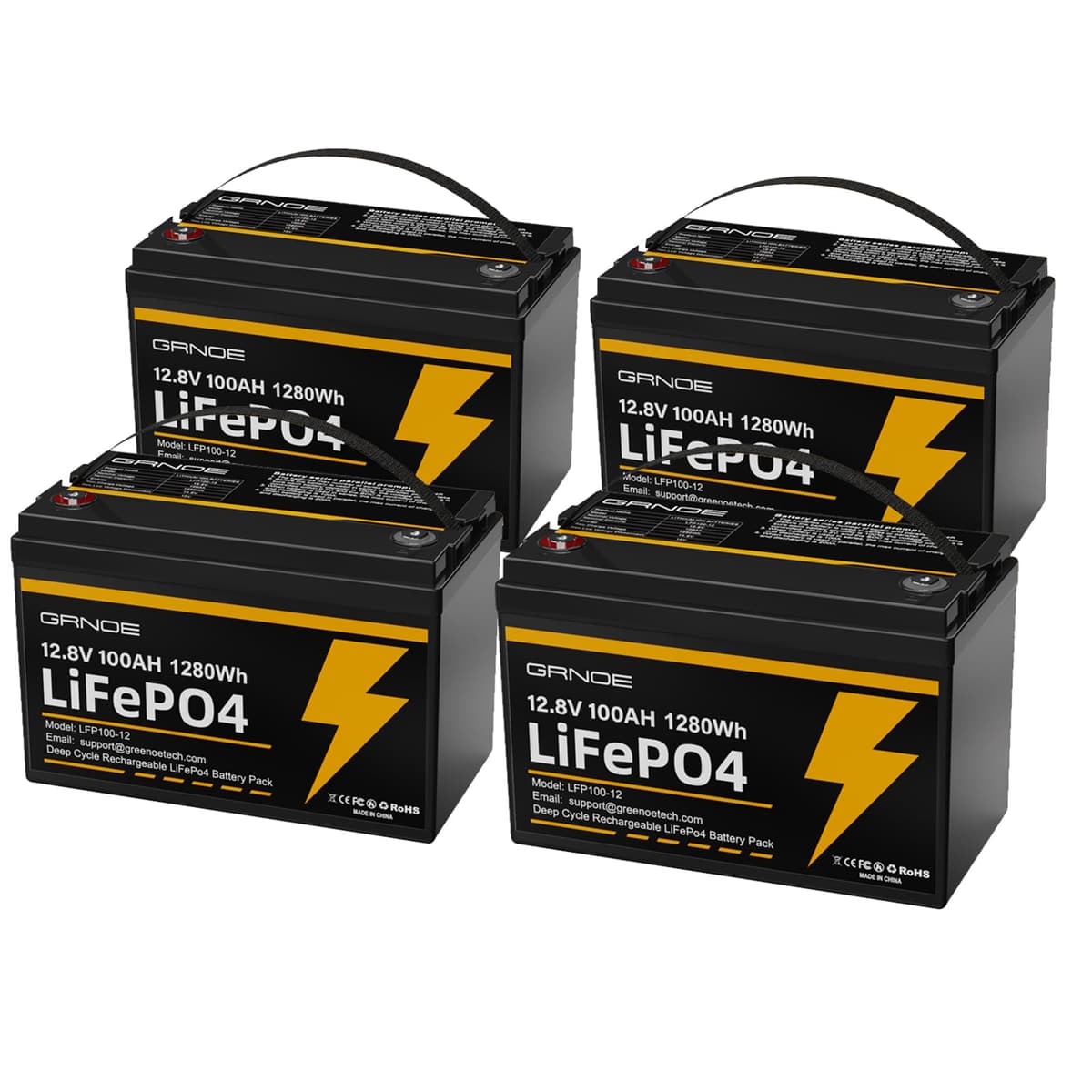 GRNOE 12V 100Ah LiFePO4 Group 31 (4-Pack) - 100A BMS, protección baja temp, hasta 15000 ciclos