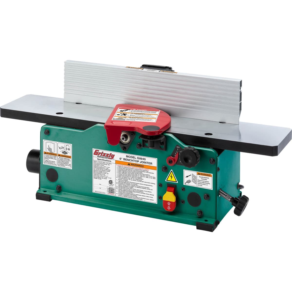 Grizzly Industrial Benchtop Jointer 6 in. con cabezal de cuchillas rectas y mesas de aluminio G0945