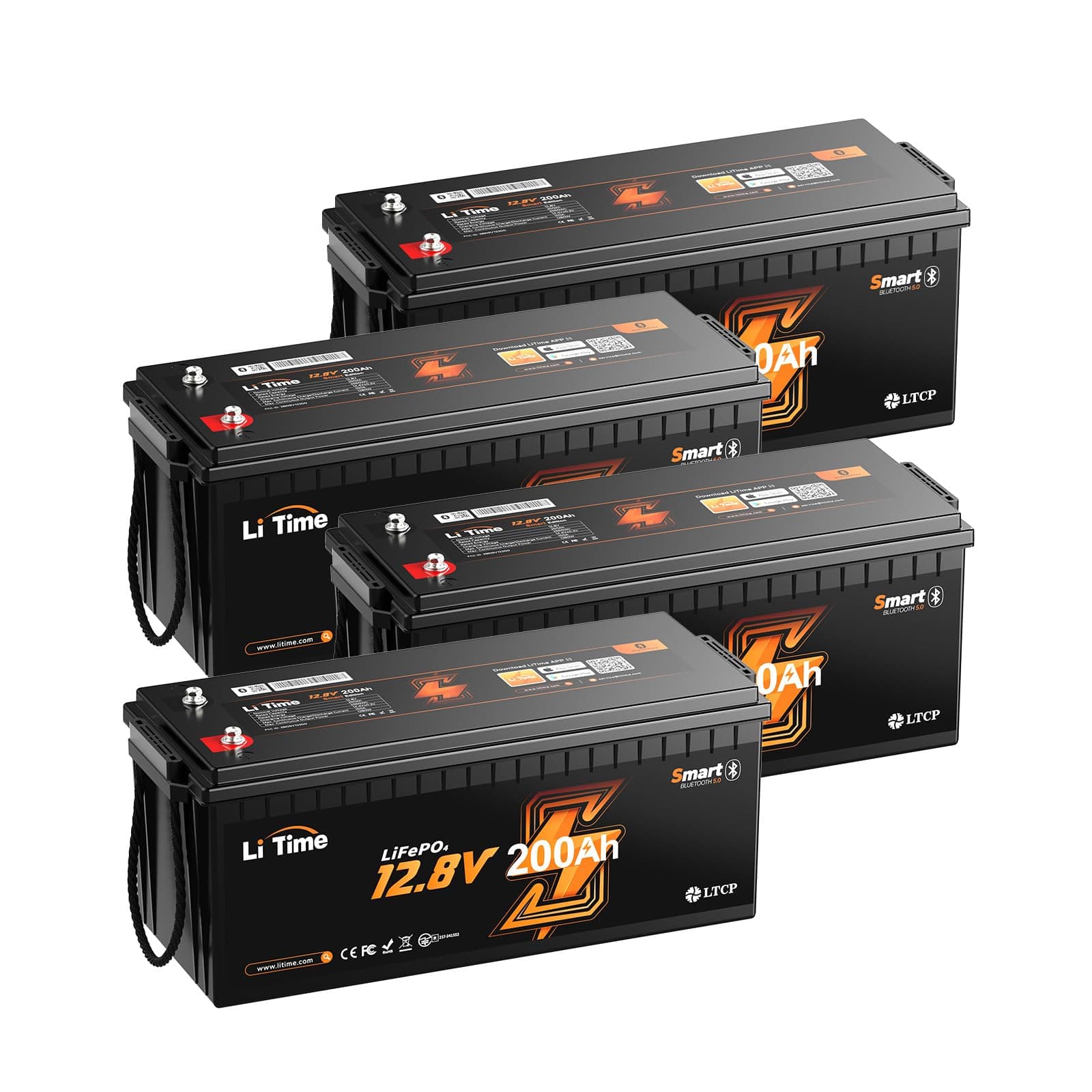 Litime 4Pack Batería LiFePO4 12V 200Ah Bluetooth, protección baja temperatura, 2560Wh, 1280W carga máxima, hasta 15000 ciclos L12V200-100-LTCP-BT-8-A160