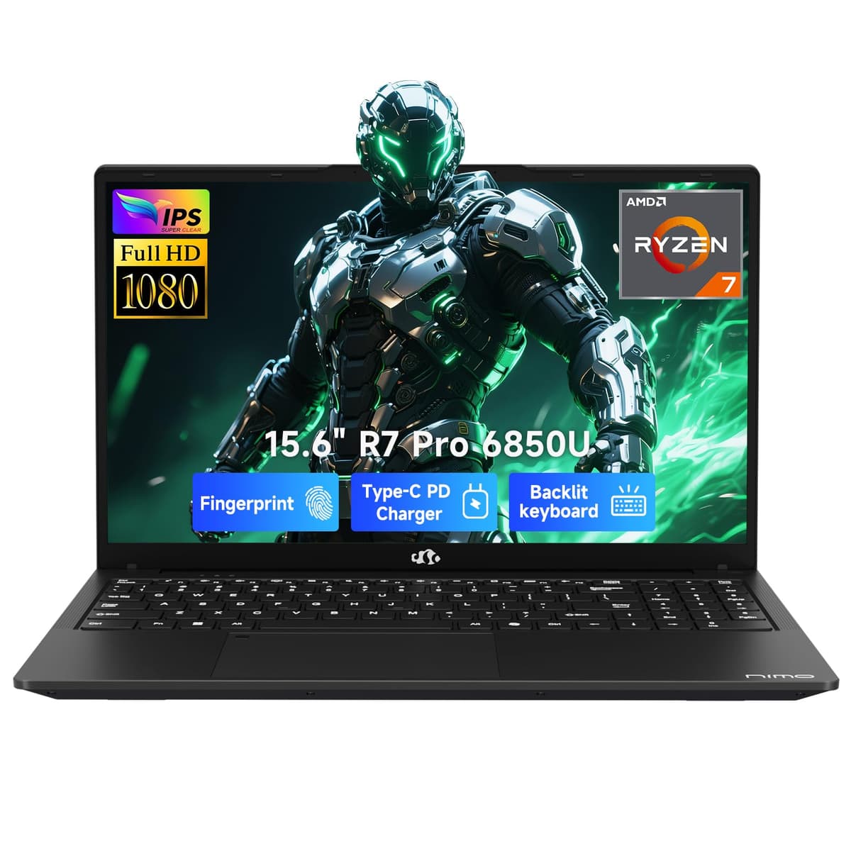 NIMO Laptop para juegos liviana de 15.6", procesador AMD Ryzen 7 Pro 6850U de 8 núcleos, 32 GB LPDDR5 RAM, SSD de 1 TB, GPU AMD Radeon 680M, pantalla FHD IPS, teclado retroiluminado, lector de huellas, carga rápida USB-C de 100 W ARN21B