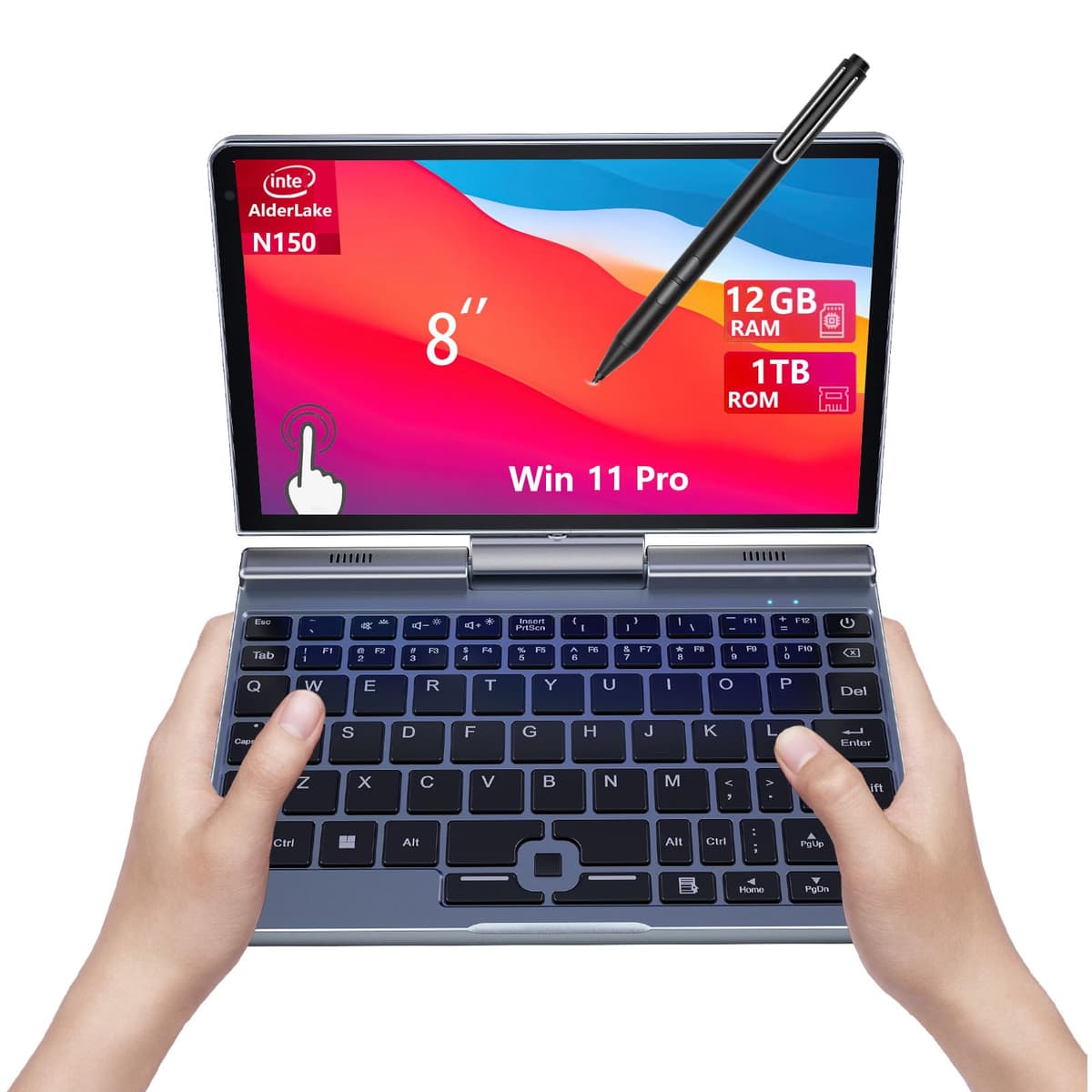 KOOFORWAY Mini Laptop 2 en 1 de 8 pulgadas, pantalla táctil HD giratoria con soporte para escritura a mano, Windows 11 Pro, N150, 12 GB RAM, 1 TB SSD, Wi-Fi 6, Bluetooth 5.2, cámara 2 MP, sensor G, HDMI, USB Tipo C, Ultra Pocket PC bp8